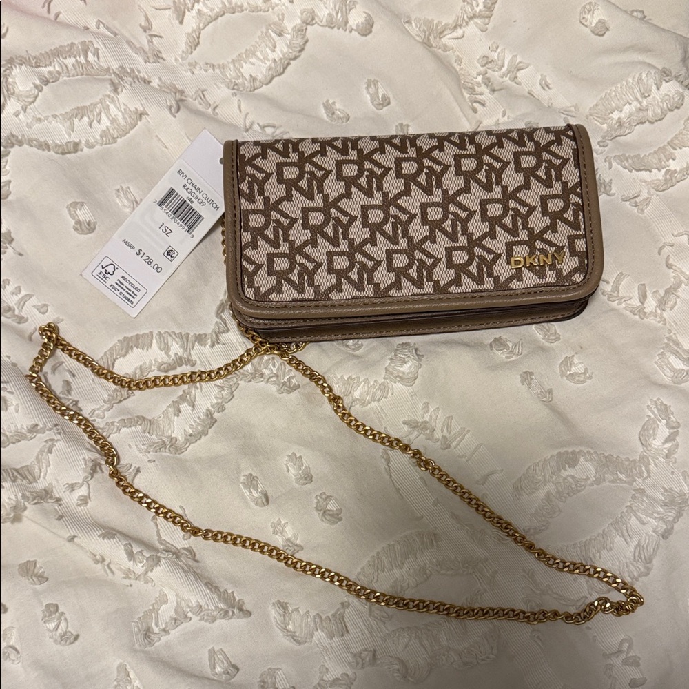 DKNY Monogram Brown Clutch with Gold Chain